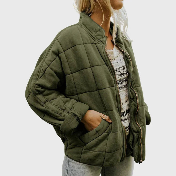 Women's Relaxed Fit Quilted Jacket with Stand Collar - Talia - Olive