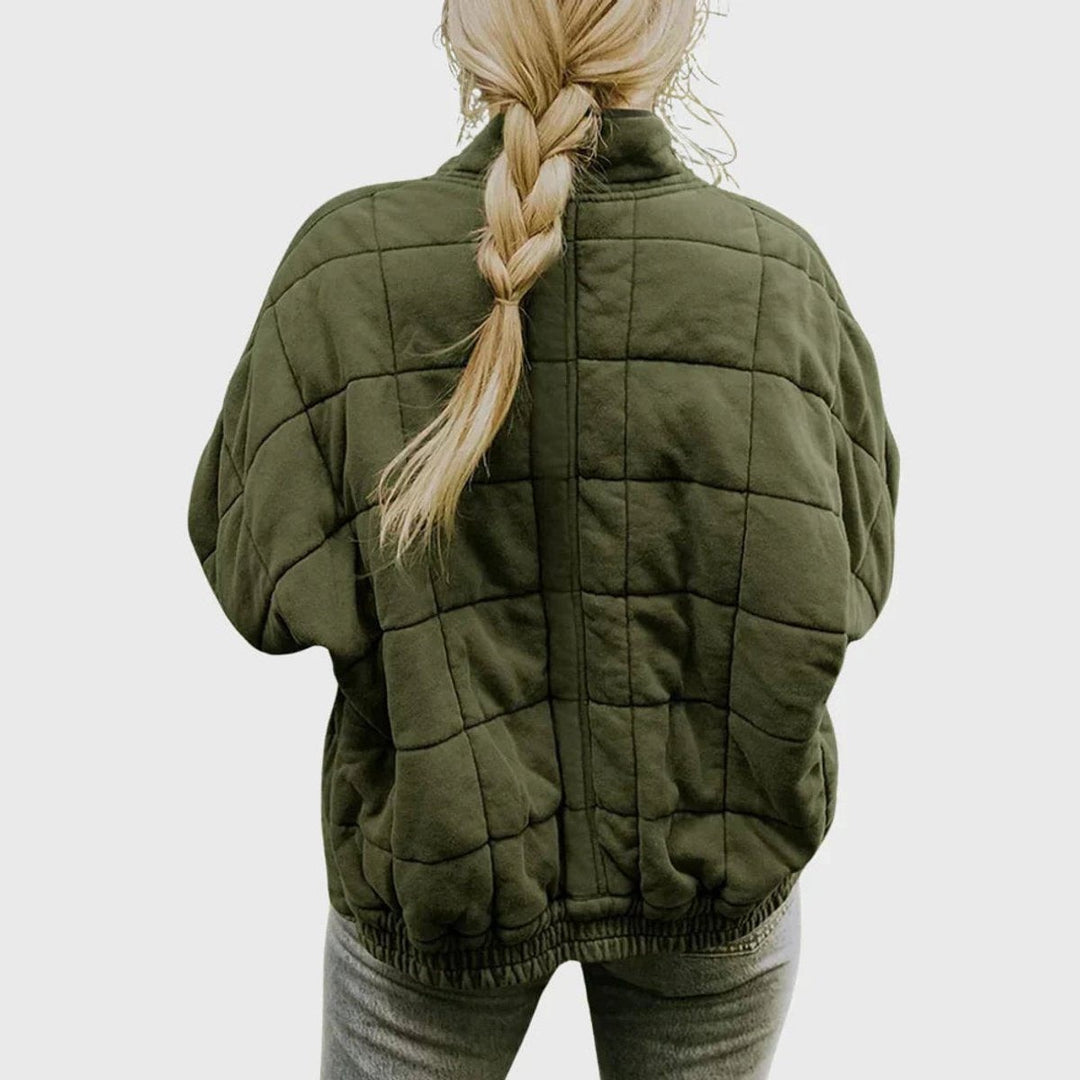 Women's Relaxed Fit Quilted Jacket with Stand Collar - Talia - Olive