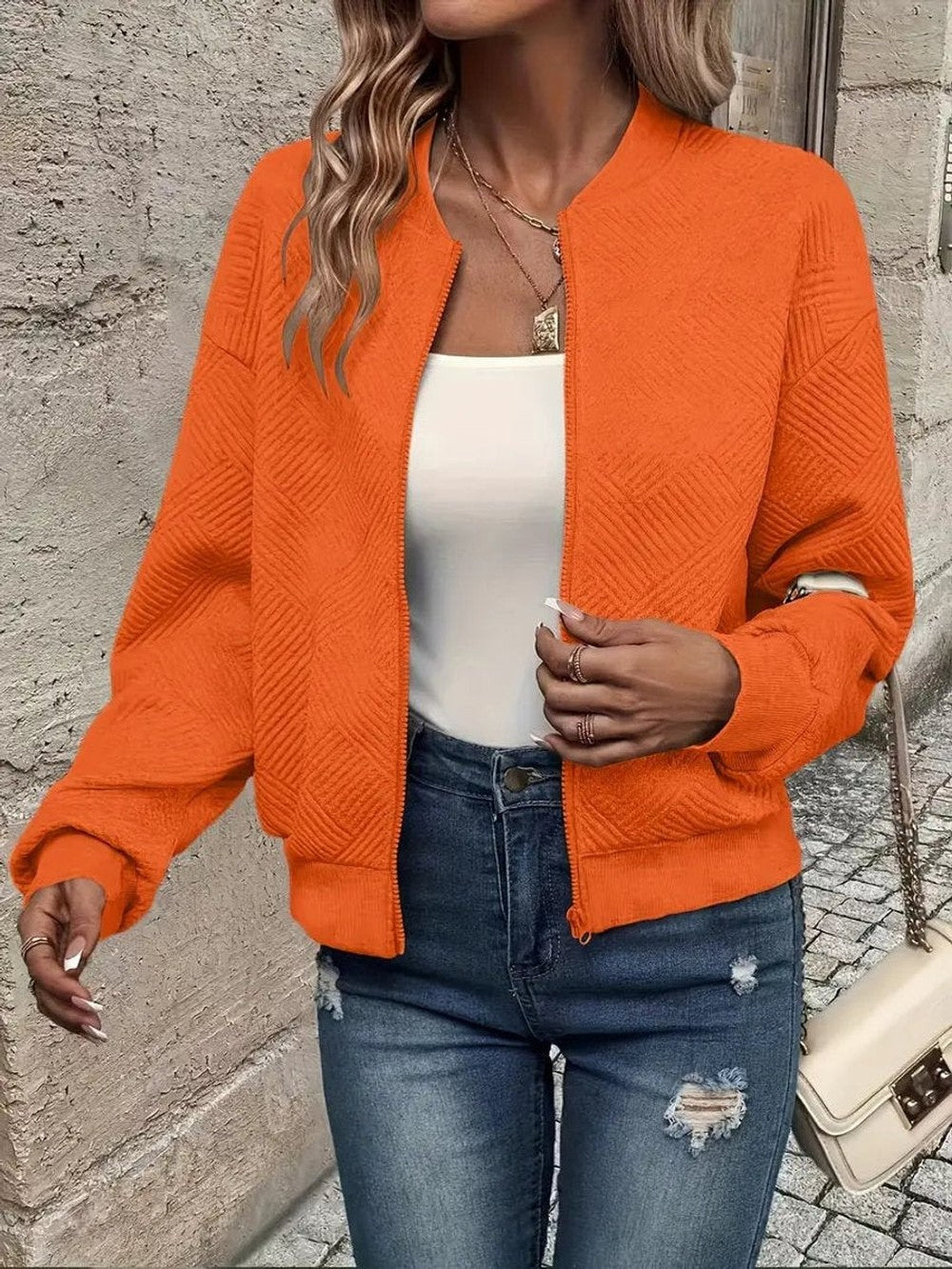 Women's Cropped Quilted Bomber Jacket - Vera - Orange