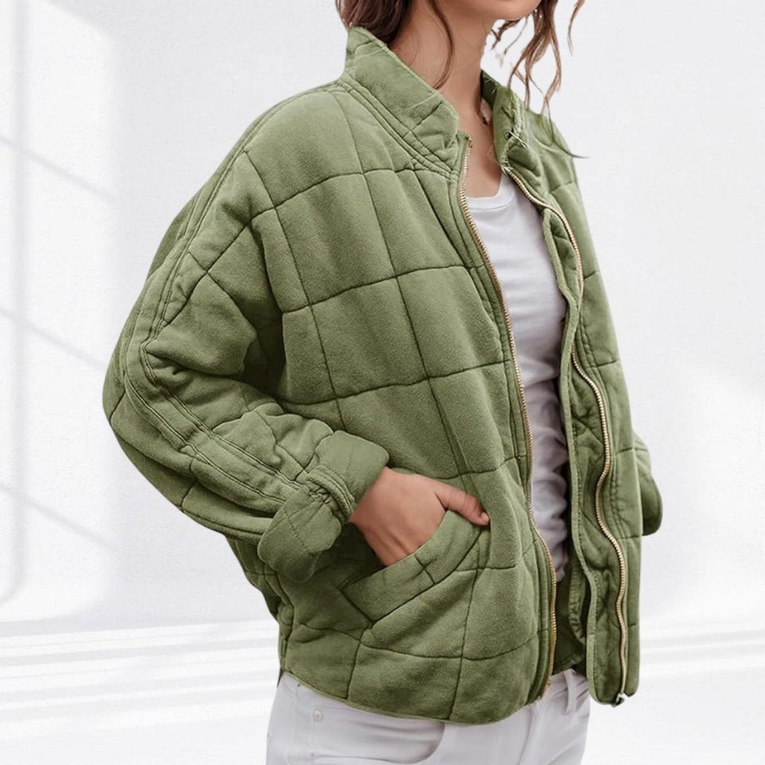 Women's Relaxed Fit Quilted Jacket with Stand Collar - Talia - Sage