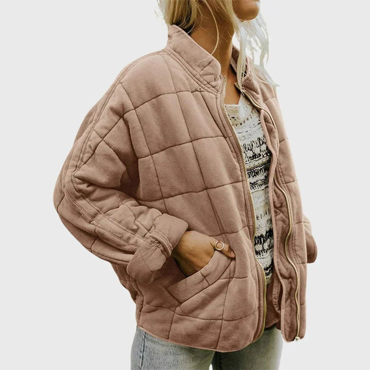Women's Relaxed Fit Quilted Jacket with Stand Collar - Talia - Taupe