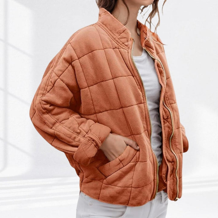 Women's Relaxed Fit Quilted Jacket with Stand Collar - Talia - Terracotta