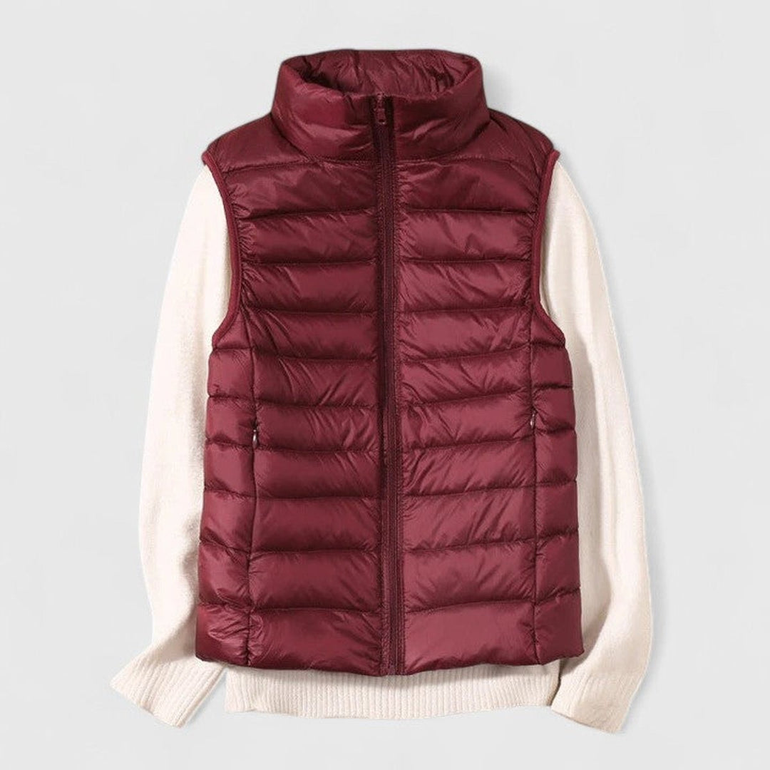 Women's Quilted Puffer Vest with Stand Collar - Rosalind - Burgundy