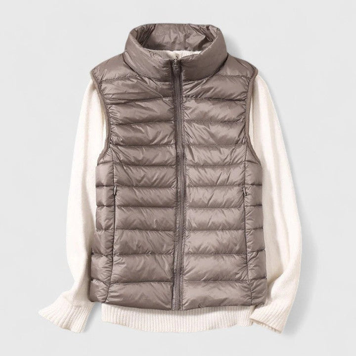 Women's Quilted Puffer Vest with Stand Collar - Rosalind - Khaki