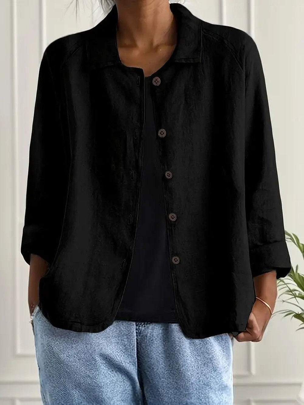 Women's Relaxed Button Jacket with Collar - June - Black