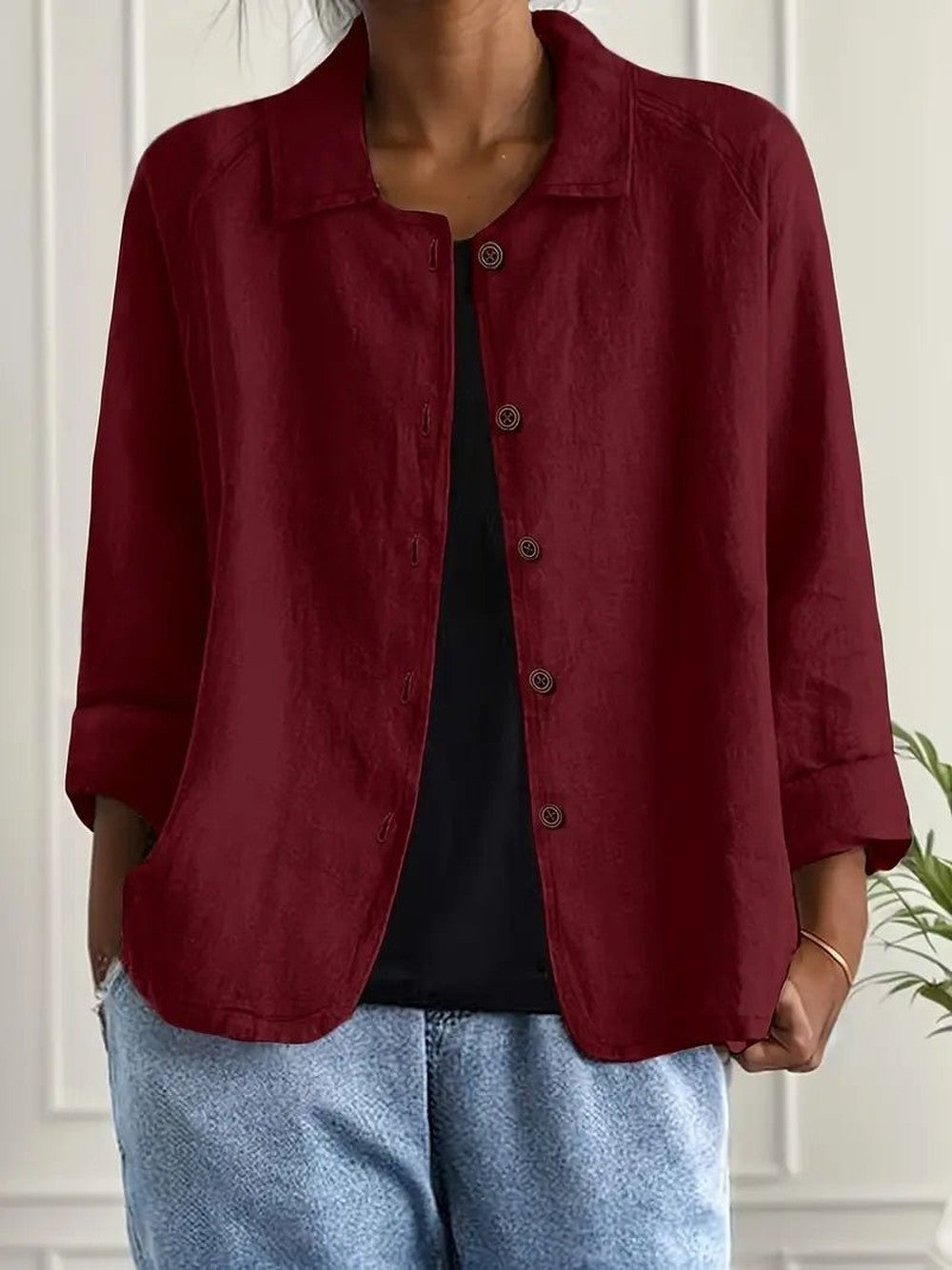 Women's Relaxed Button Jacket with Collar - June - Burgundy