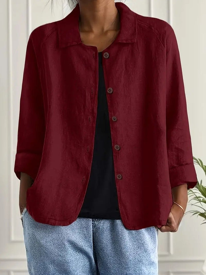 Women's Relaxed Button Jacket with Collar - June - Burgundy
