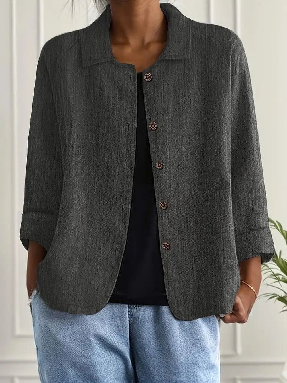 Women's Relaxed Button Jacket with Collar - June - Charcoal