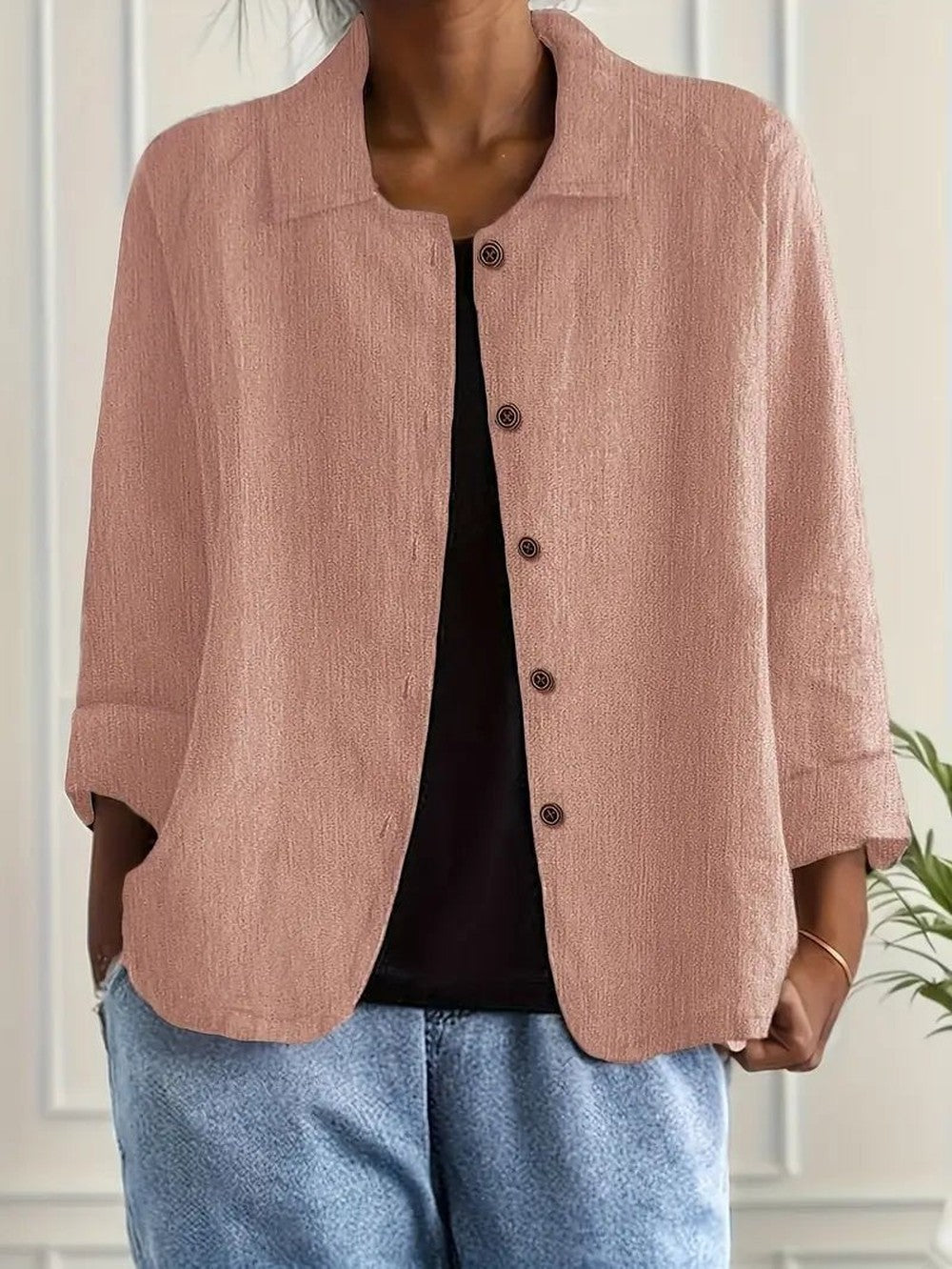 Women's Relaxed Button Jacket with Collar - June - Dusty Pink