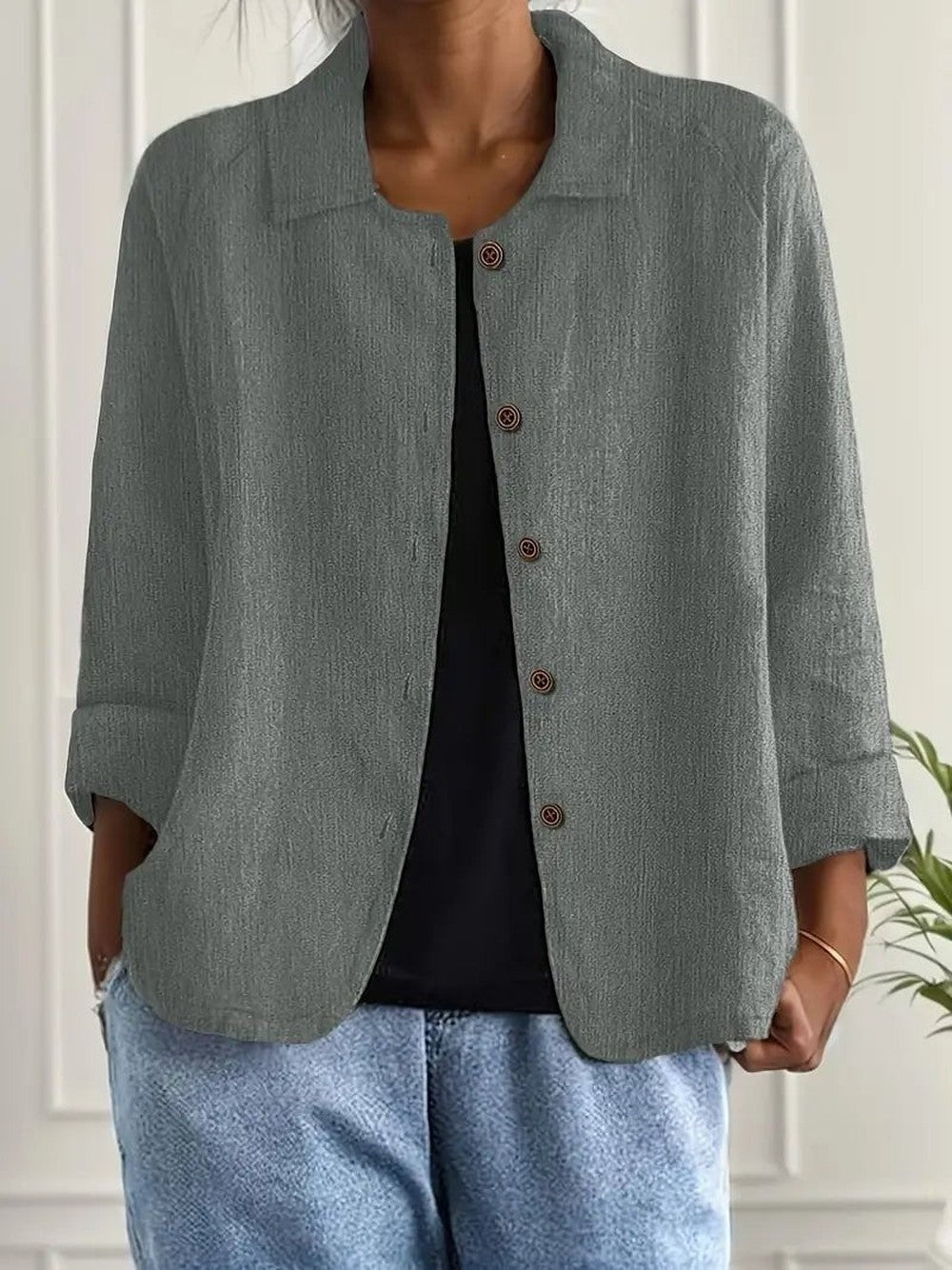 Women's Relaxed Button Jacket with Collar - June - Gray