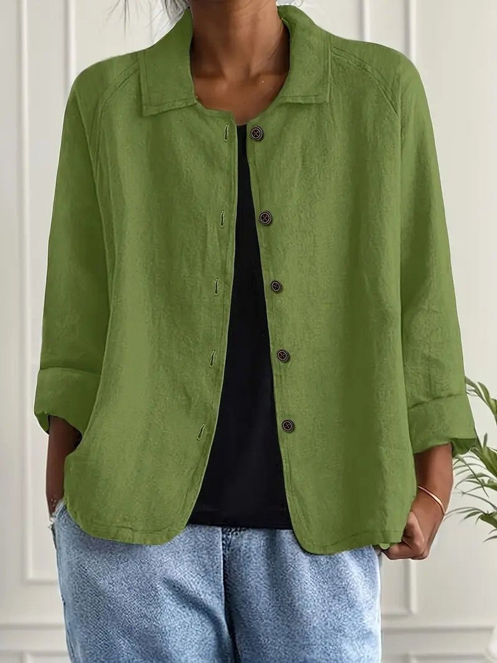 Women's Relaxed Button Jacket with Collar - June - Green