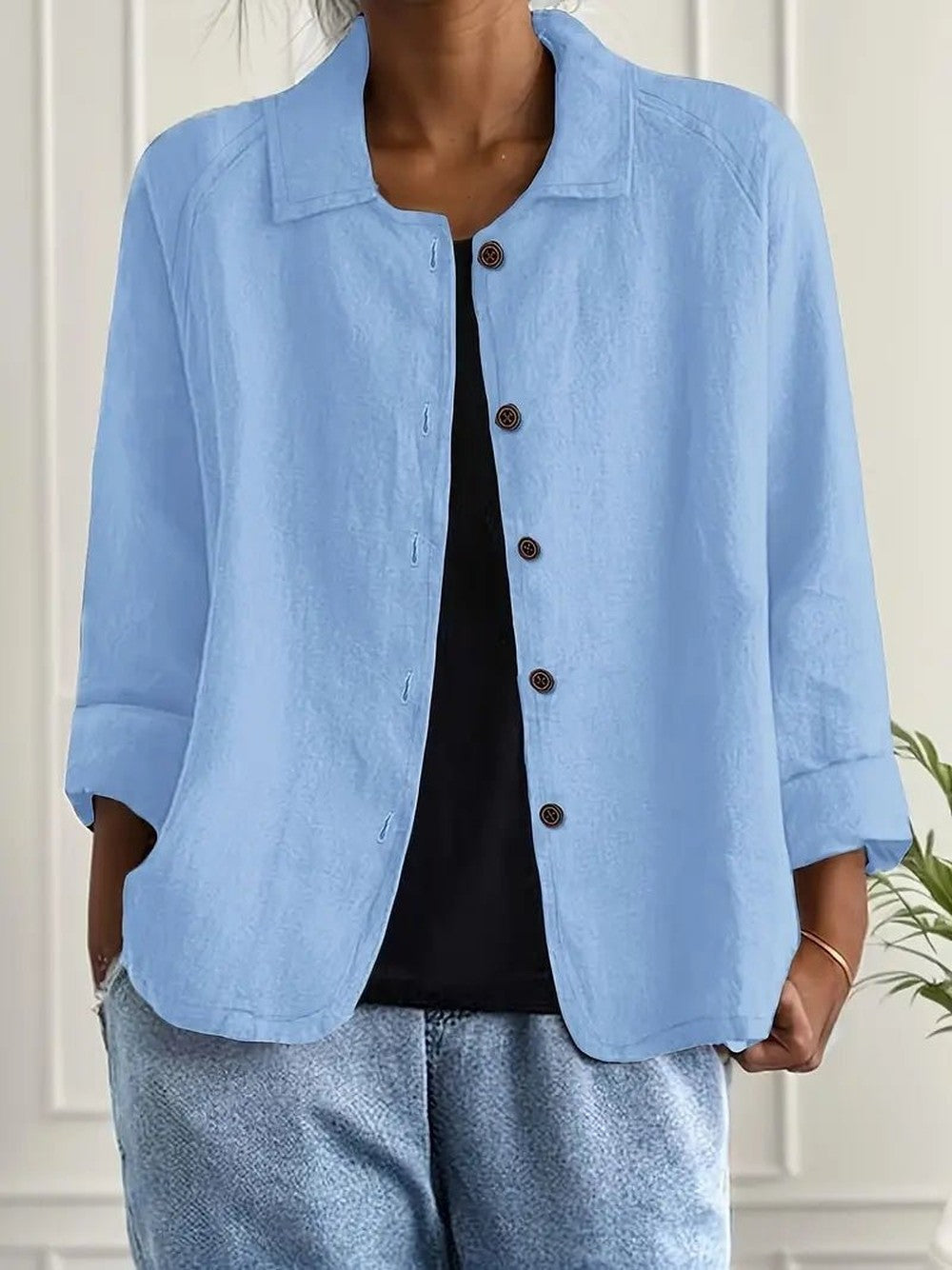 Women's Relaxed Button Jacket with Collar - June - Light Blue