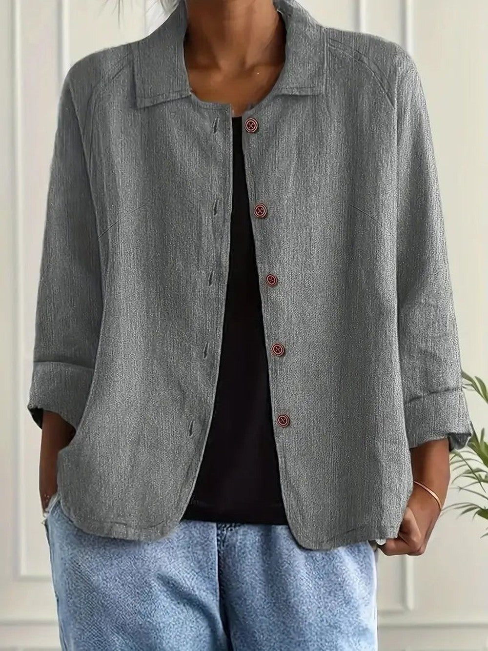Women's Relaxed Button Jacket with Collar - June - Light Gray