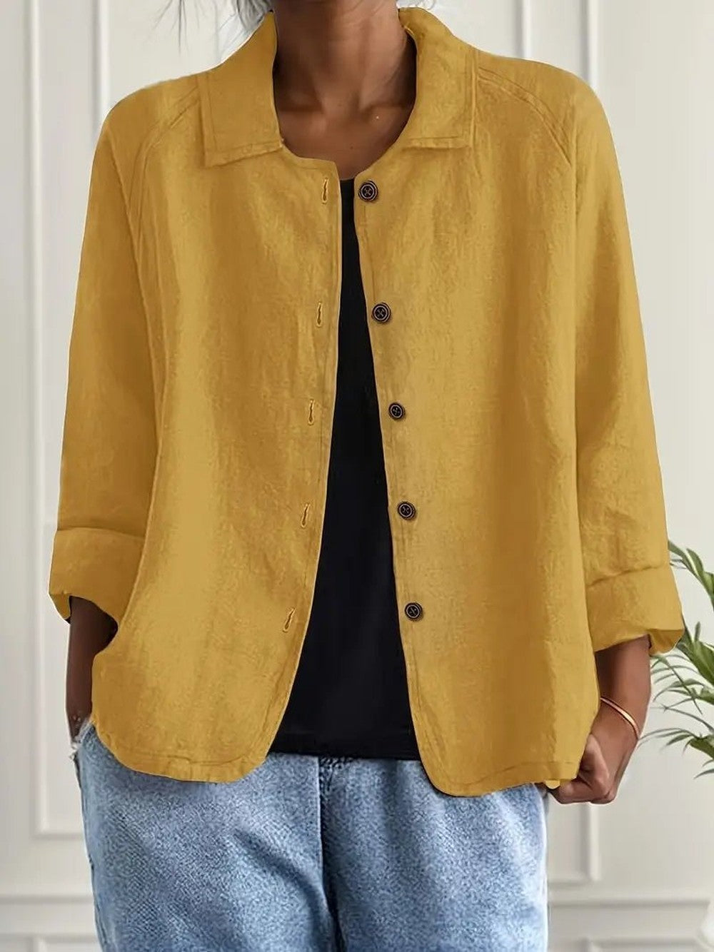 Women's Relaxed Button Jacket with Collar - June - Mustard