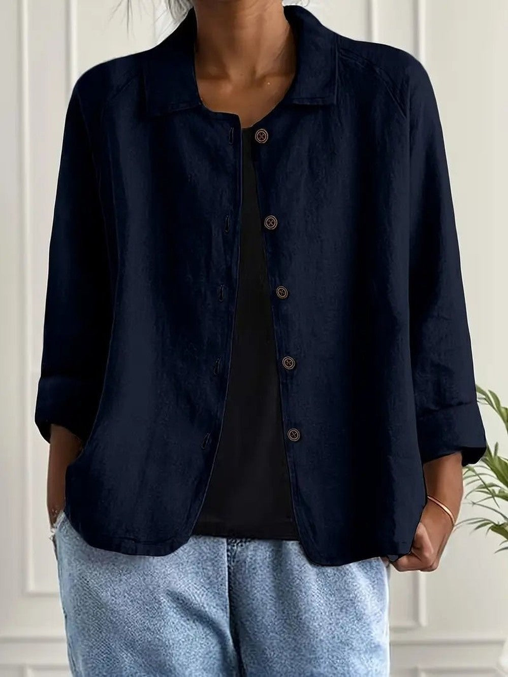 Women's Relaxed Button Jacket with Collar - June - Navy