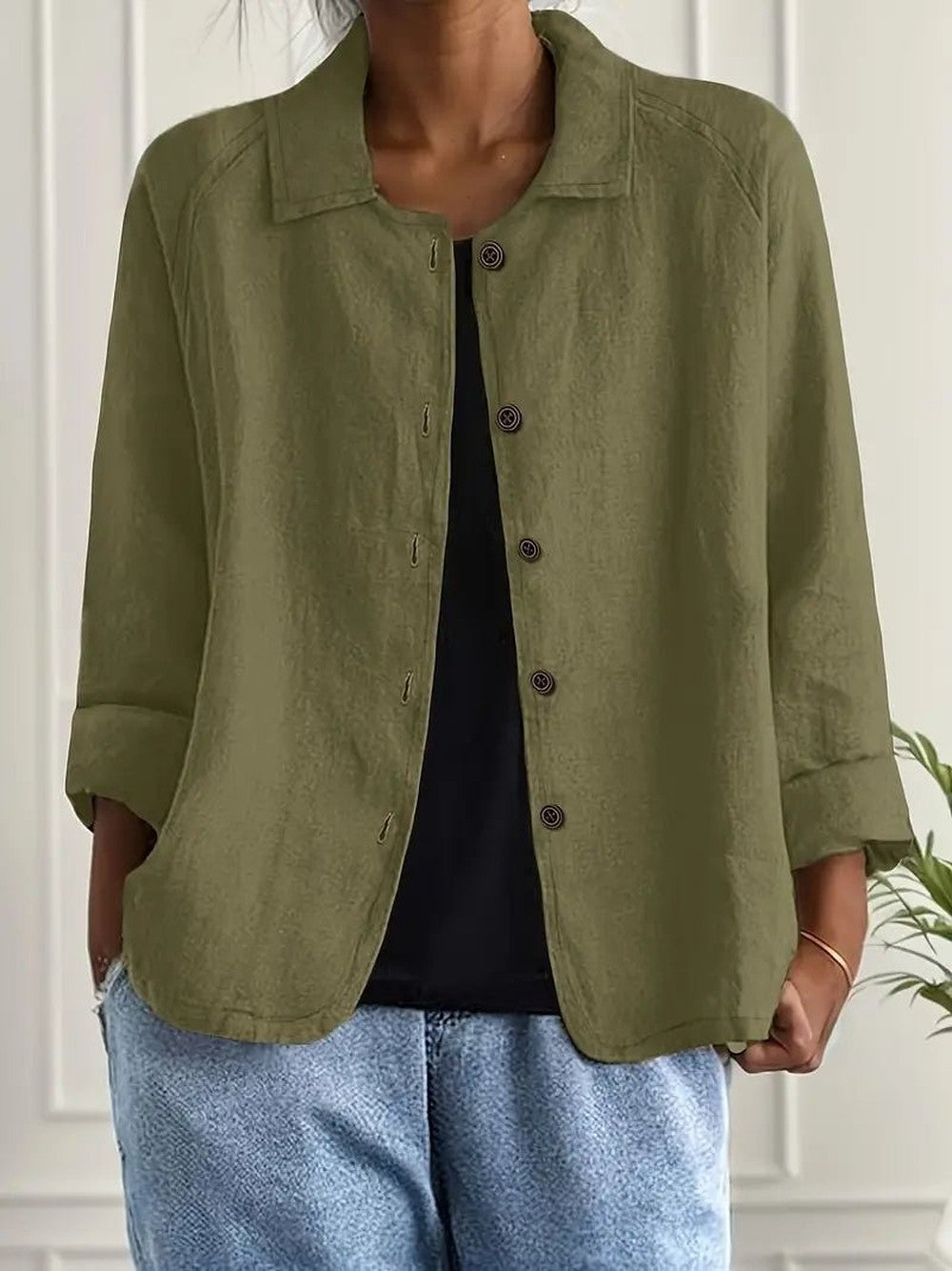 Women's Relaxed Button Jacket with Collar - June - Olive