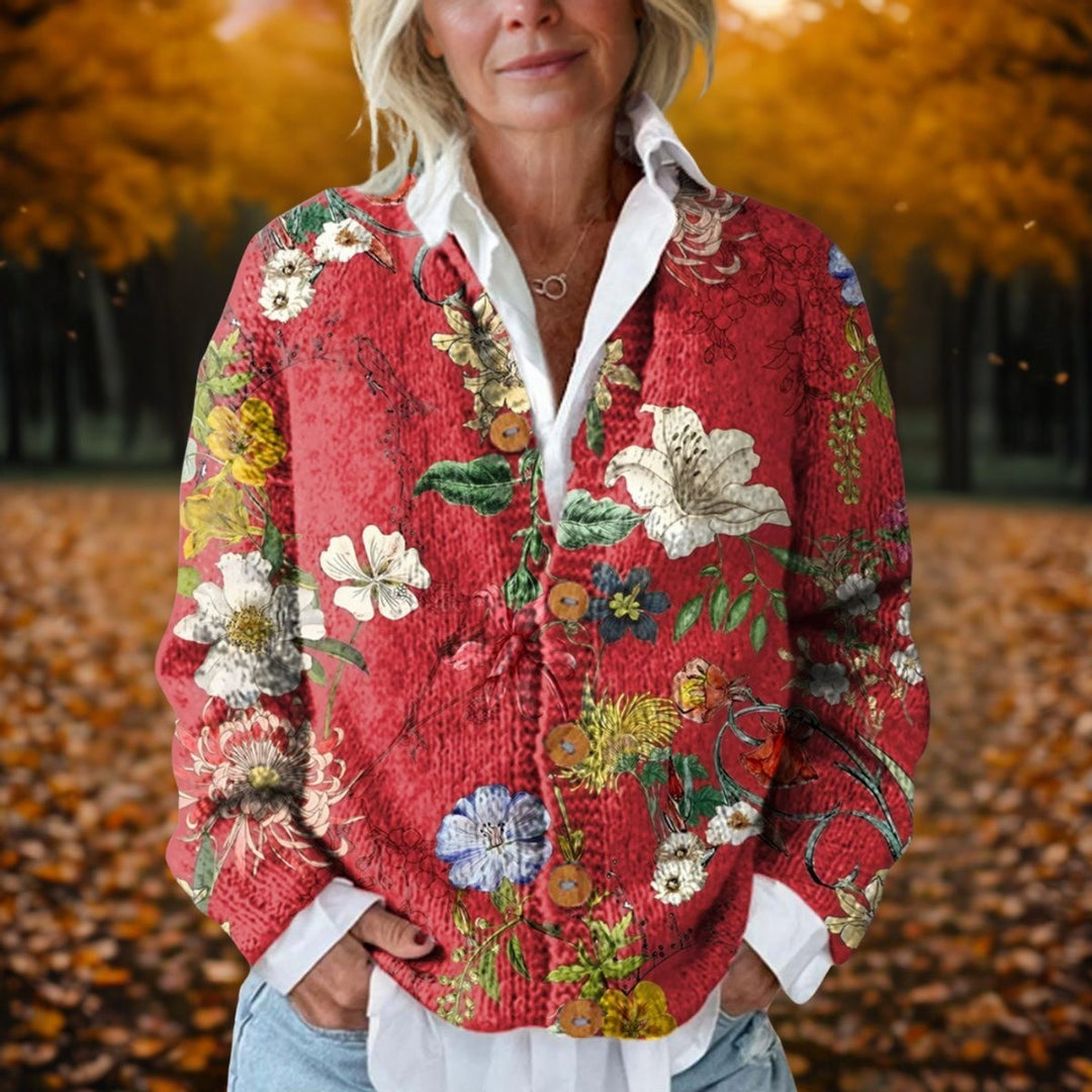 Women's Relaxed Floral Button Cardigan - Odette - Red Floral