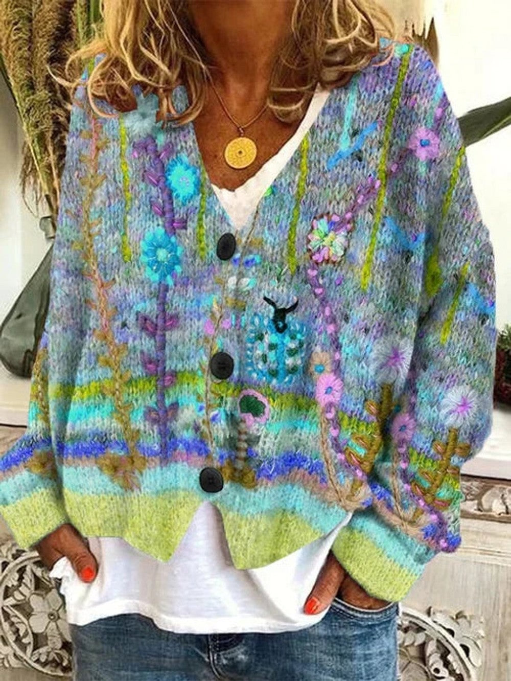 Women's Retro Floral Cardigan with V Neck - Rae - Blue Multi