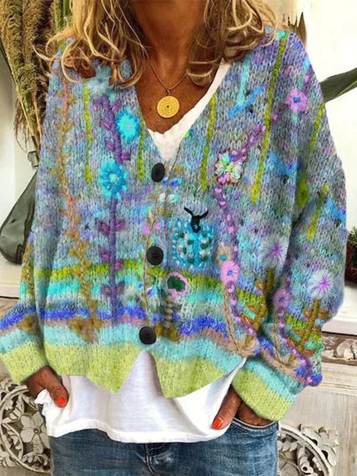 Women's Retro Floral Cardigan with V Neck - Rae - Blue Multi