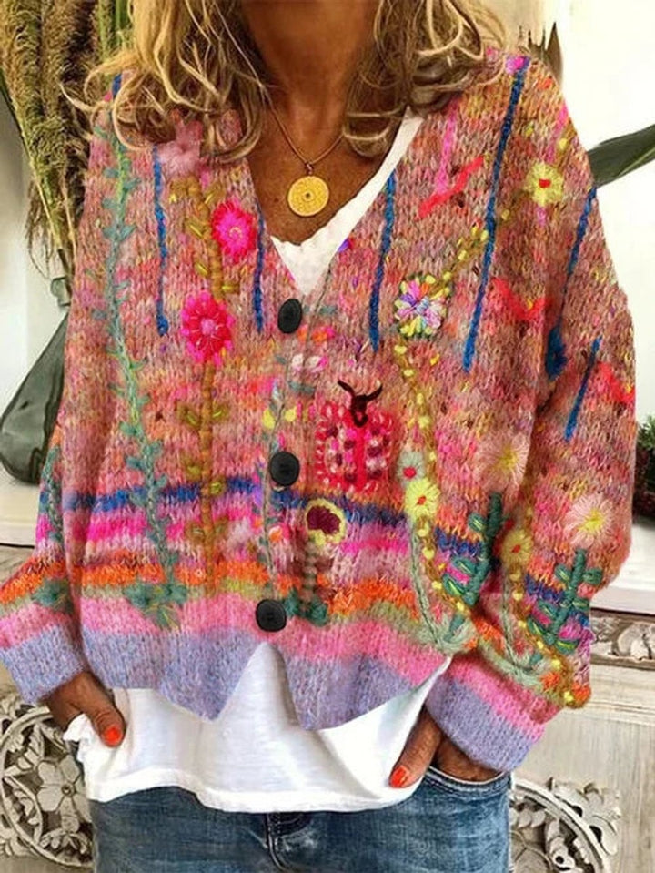 Women's Retro Floral Cardigan with V Neck - Rae - Coral Multi