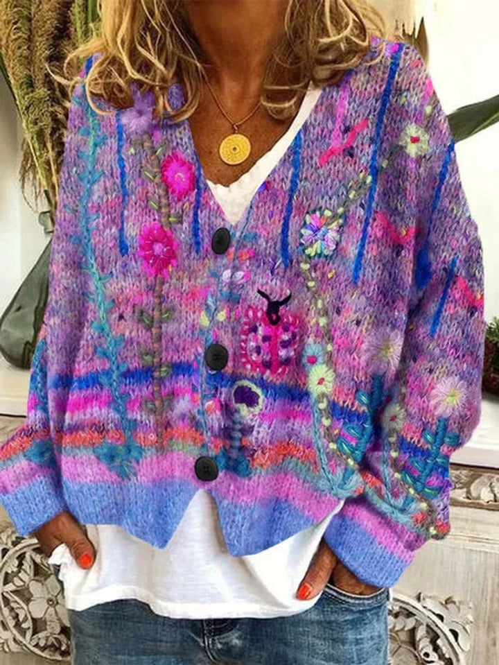 Women's Retro Floral Cardigan with V Neck - Rae - Coral Multi