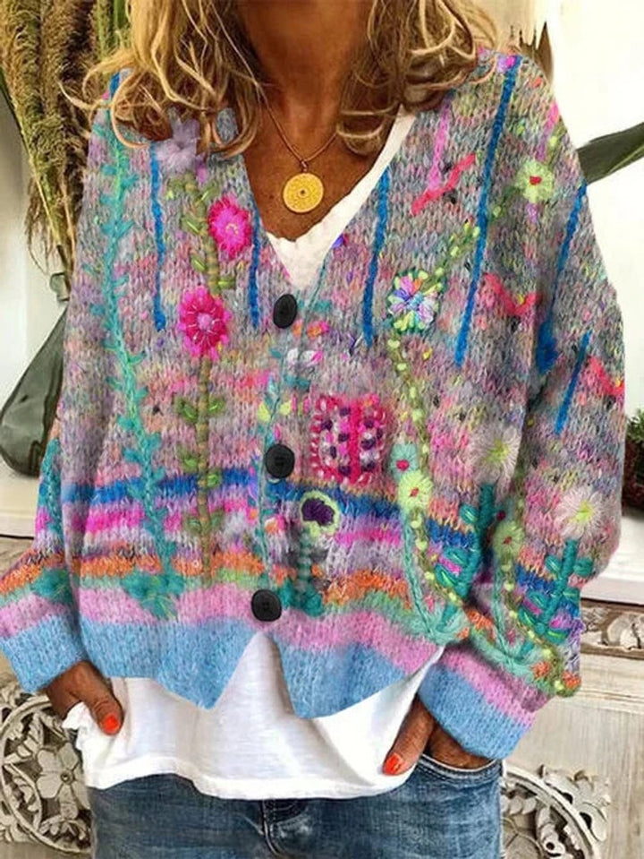 Women's Retro Floral Cardigan with V Neck - Rae - Pink Multi