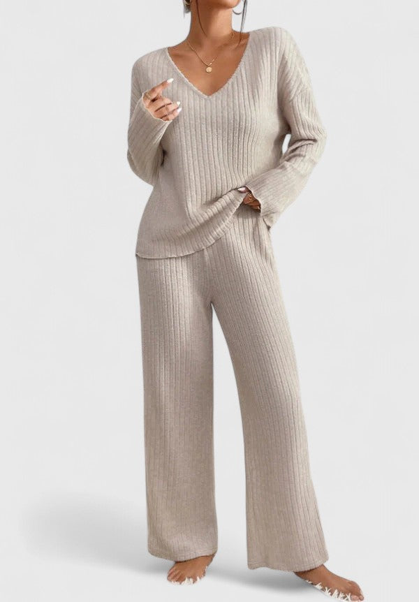 Women's Rib Knit Lounge Set with Wide Pants - Cecily - Beige