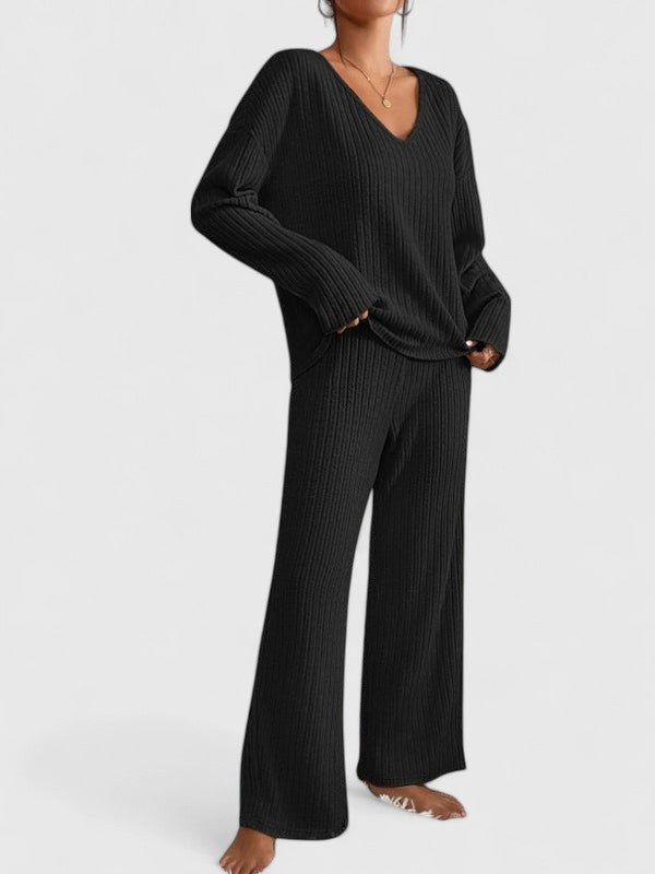 Women's Rib Knit Lounge Set with Wide Pants - Cecily - Black