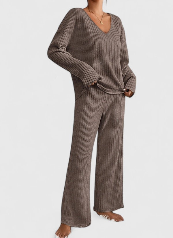 Women's Rib Knit Lounge Set with Wide Pants - Cecily - Brown