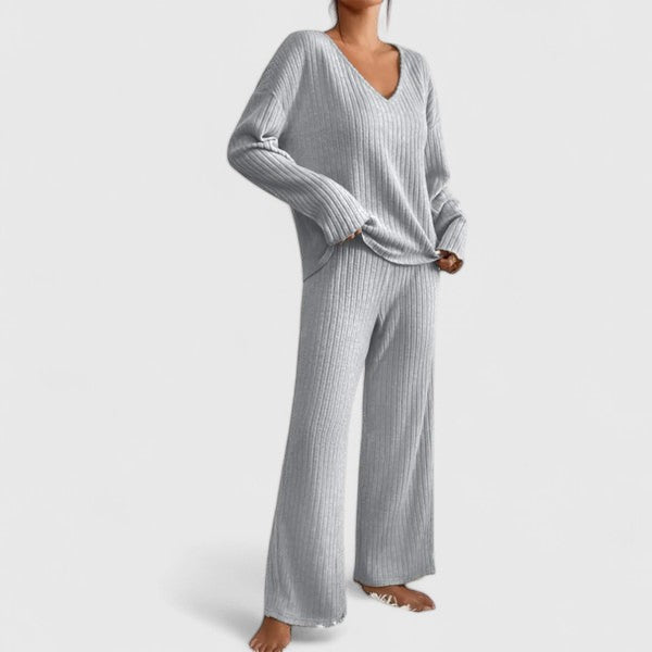 Women's Rib Knit Lounge Set with Wide Pants - Cecily - Gray