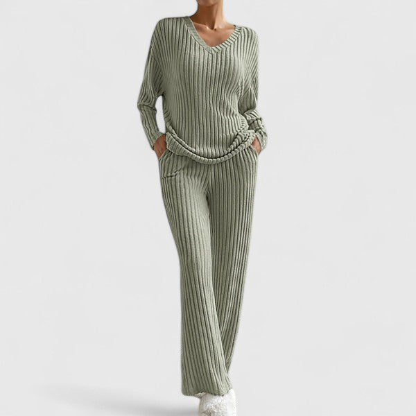 Women's Rib Knit Lounge Set with Wide Pants - Cecily - Olive