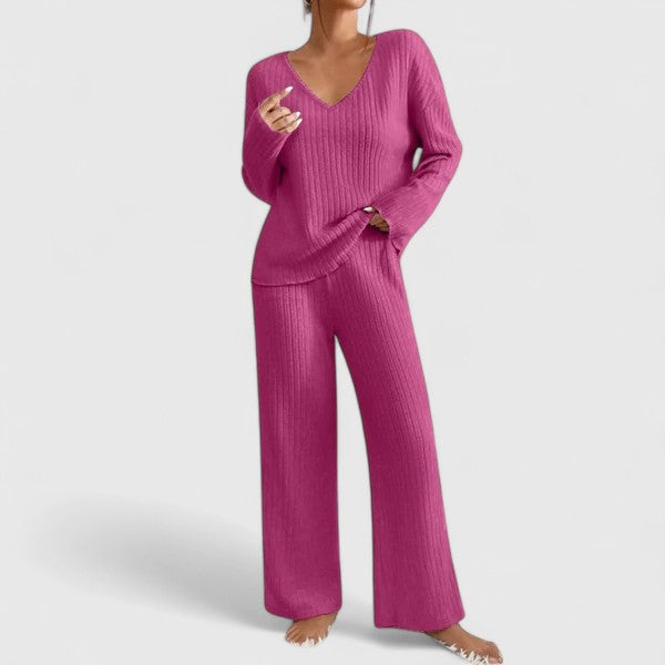 Women's Rib Knit Lounge Set with Wide Pants - Cecily - Pink