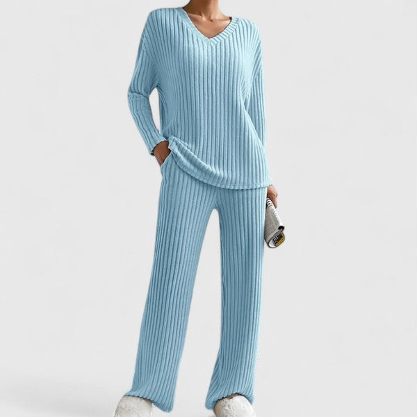 Women's Rib Knit Lounge Set with Wide Pants - Cecily - Sky Blue