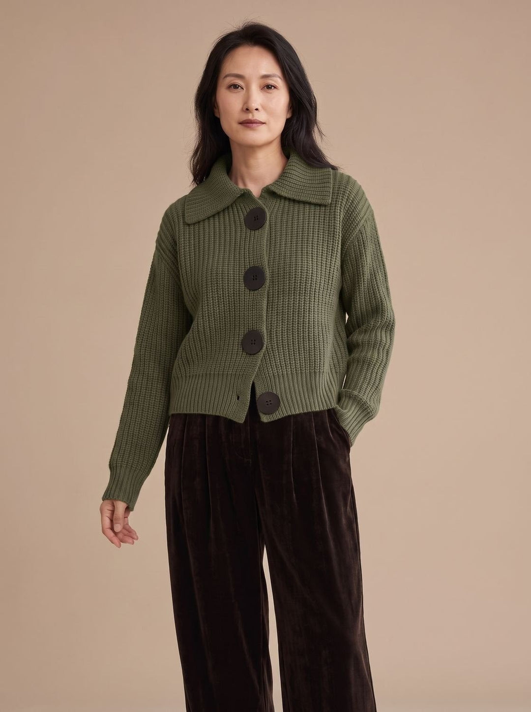 Women's Ribbed Cardigan Sweater with Collar - Cora - Olive