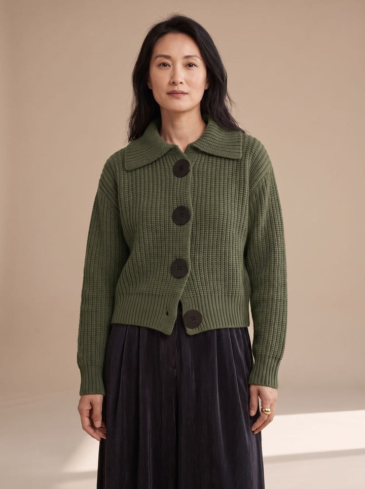 Women's Ribbed Cardigan Sweater with Collar - Cora - Olive