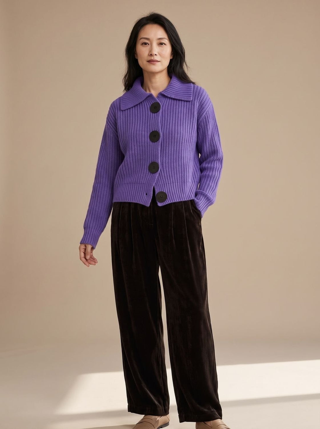 Women's Ribbed Cardigan Sweater with Collar - Cora - Purple