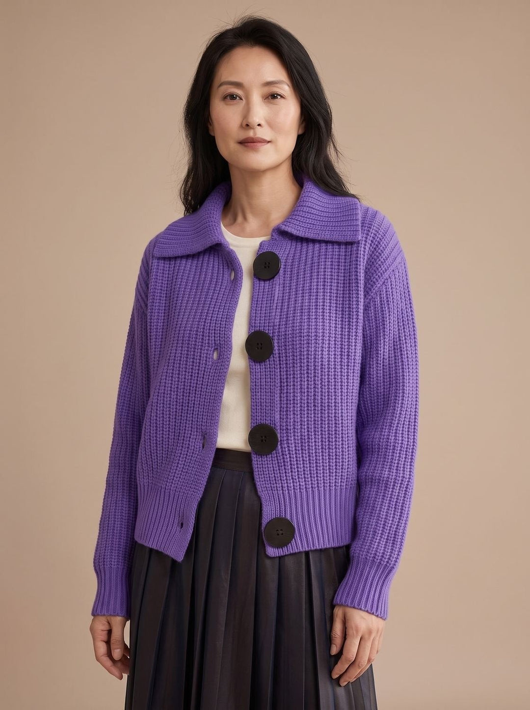 Women's Ribbed Cardigan Sweater with Collar - Cora - Purple