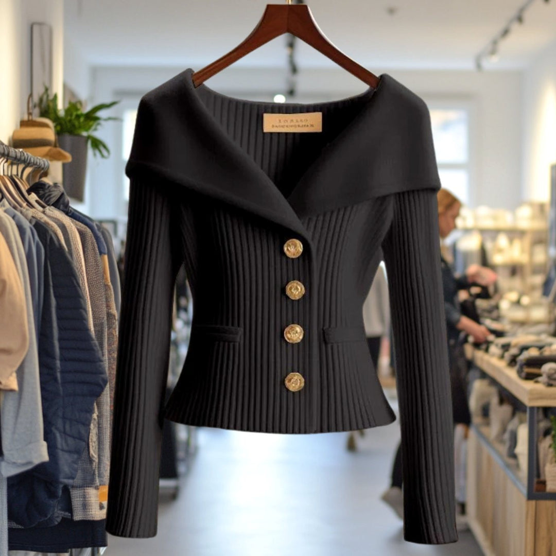 Women's Ribbed Cardigan with Wide Collar - Skye - Black