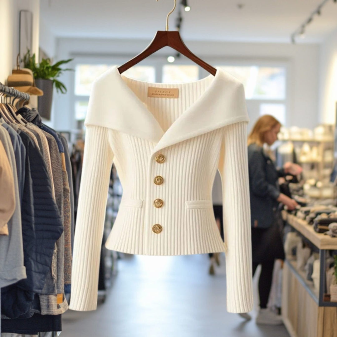 Women's Ribbed Cardigan with Wide Collar - Skye - Ivory