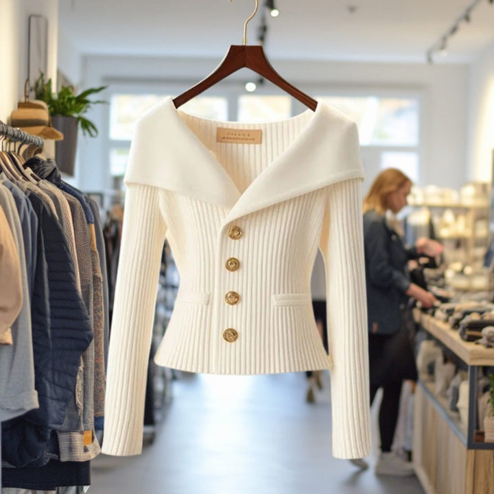 Women's Ribbed Cardigan with Wide Collar - Skye - Ivory