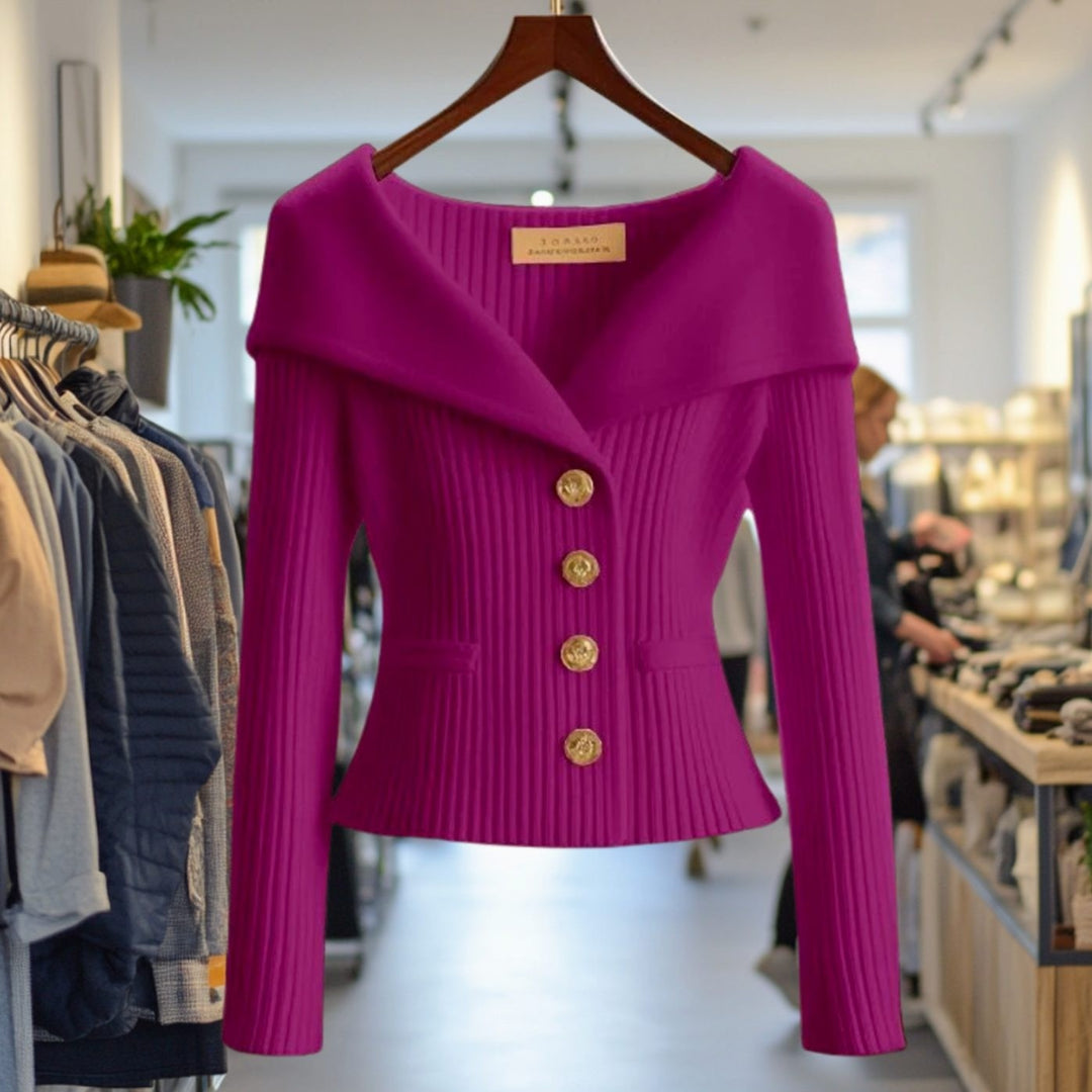 Women's Ribbed Cardigan with Wide Collar - Skye - Plum