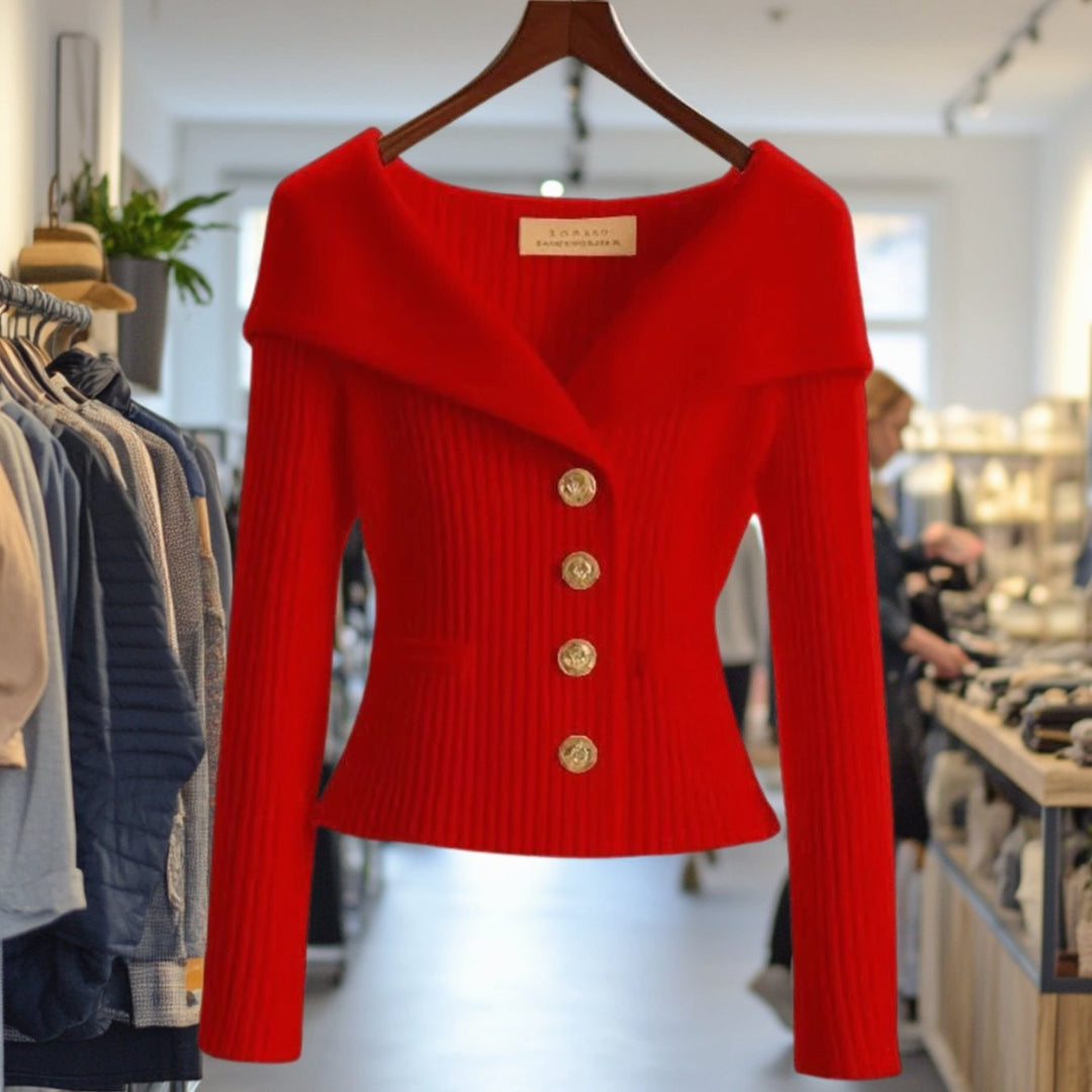 Women's Ribbed Cardigan with Wide Collar - Skye - Red