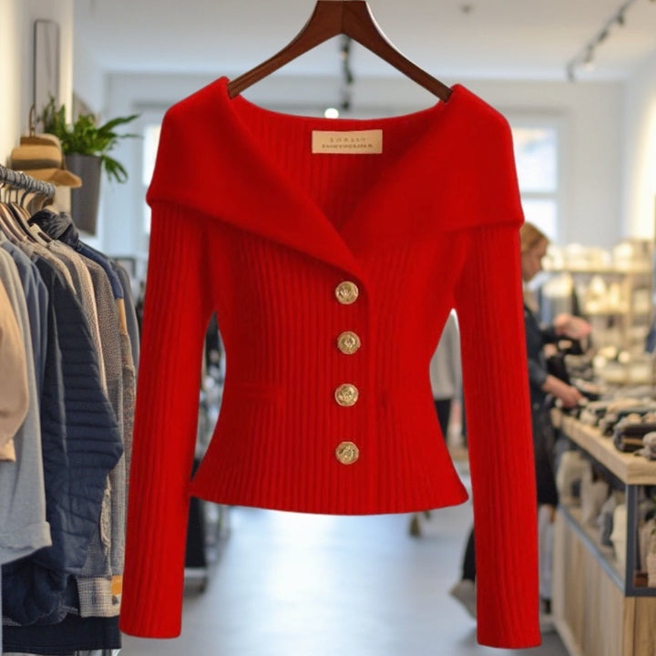 Women's Ribbed Cardigan with Wide Collar - Skye - Red