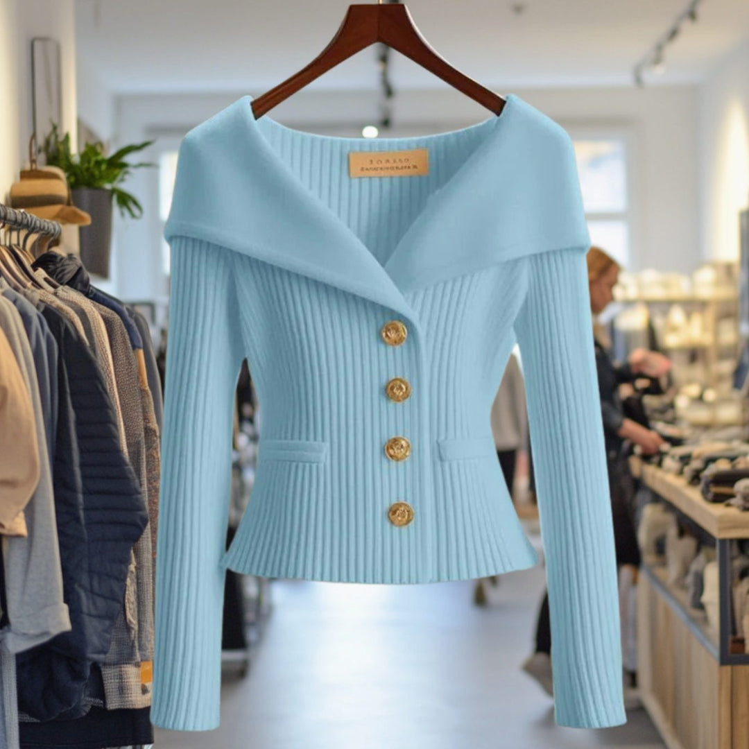 Women's Ribbed Cardigan with Wide Collar - Skye - Sky Blue