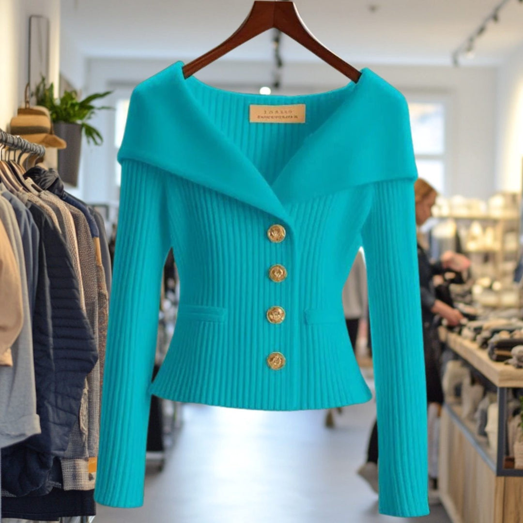 Women's Ribbed Cardigan with Wide Collar - Skye - Turquoise