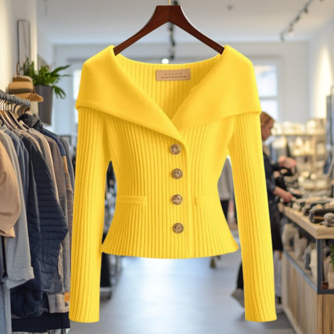 Women's Ribbed Cardigan with Wide Collar - Skye - Yellow