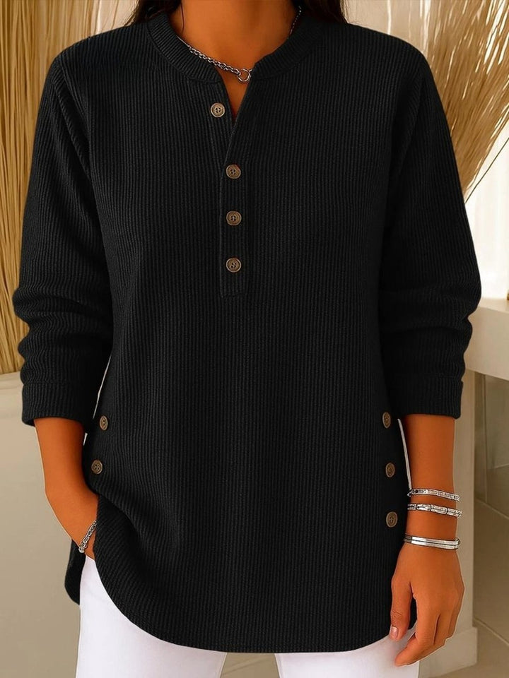 Women's Ribbed Crew Neck Sweater with Buttons - Esme - Black