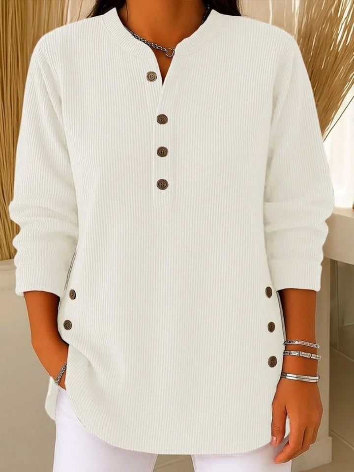 Women's Ribbed Crew Neck Sweater with Buttons - Esme - Ivory