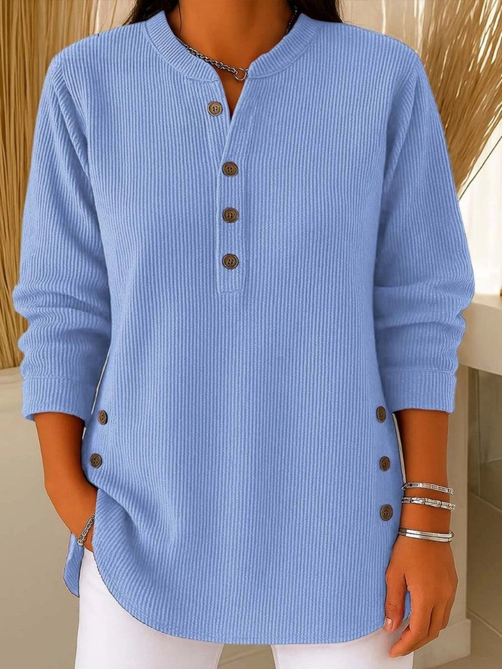 Women's Ribbed Crew Neck Sweater with Buttons - Esme - Light Blue