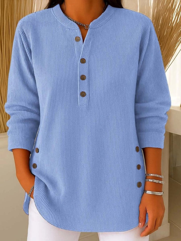 Women's Ribbed Crew Neck Sweater with Buttons - Esme - Light Blue